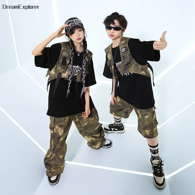 Girls Hip Hop Camouflage Vest T-shirt Military Cargo Pants Boys Street Dance Shorts Kids Jazz Clothes Sets Children Streetwear