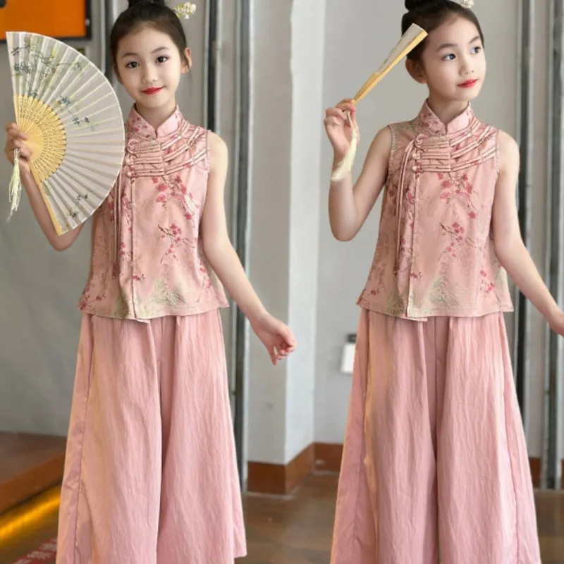 Girls' New Chinese Sleeveless Vest Set 2026 Summer Children's Ancient Style Hanfu 2-piece Set Kids' Breathable Vest Pants LJ598