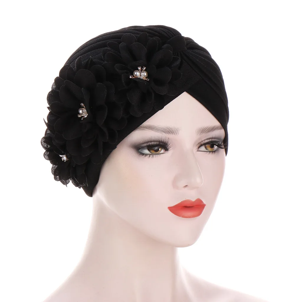 Women Flowers Ruffle Turban Caps Muslim Elastic Pearls Headscarf Bonnet Ladies Hair Accessories Indian Cap Turbante Mujer