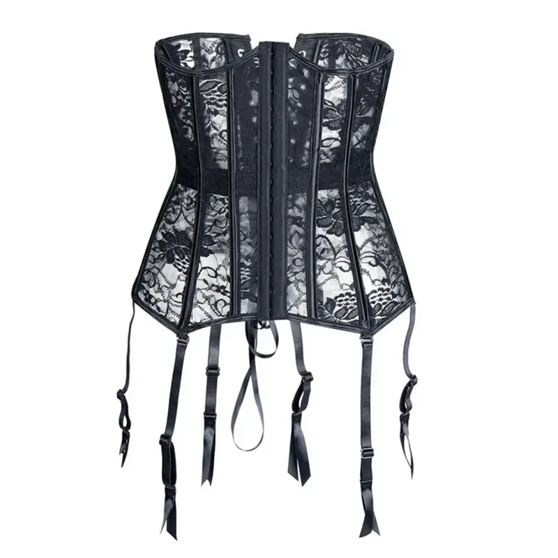 Sexy Women Corset Black Sheer Lace Underwire Open Cup Underbust Corselet Hollow Out Flower Mesh Waist Bustier