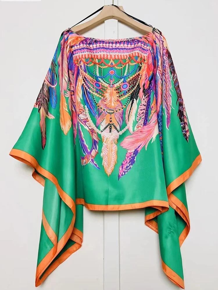 

Vintage geometric print round neck bat-sleeve loose pullover 2025 summer women's top fashion all match irregular shirt