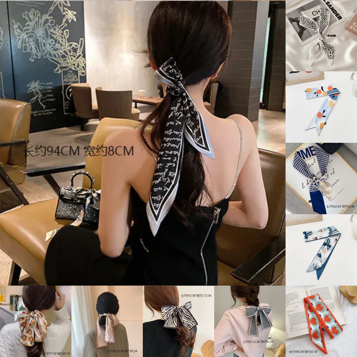 

Prints New Long Silk Bow Hair Scarf Ribbon Hair Tie Bandanas Headbands for Women Girls Ponytail Holder Ladies Hair Accessories