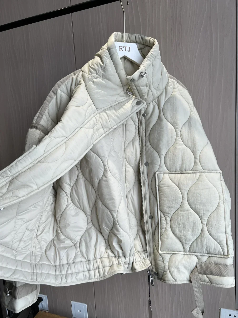 Quilted coat for women  new beige drawstring high neck pocket clip cotton jacket for women