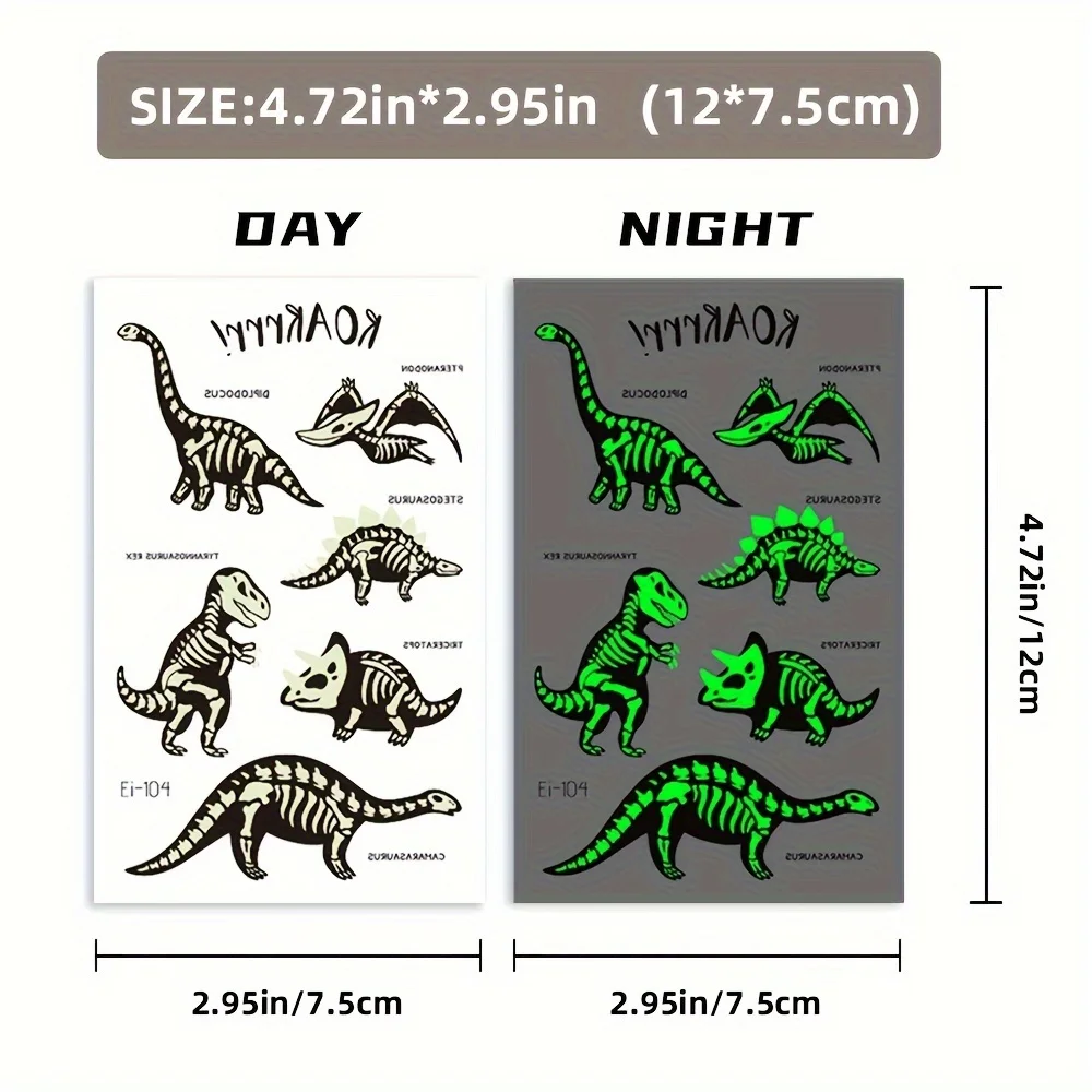 10 arkuszy świecących tatuaży tymczasowych z dinozaurami, wodoodporne, świecące w ciemności T-Rex, Pterodaktyl, Velociraptor, Triceratops, Stegozaur — zdjęcie 7