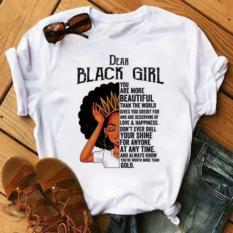 Plus Size Maycaur Women Beautiful African White Funny Print T Shirt Girl Black Queen Harajuku Kawaii 90s Short Sleeves Clothes