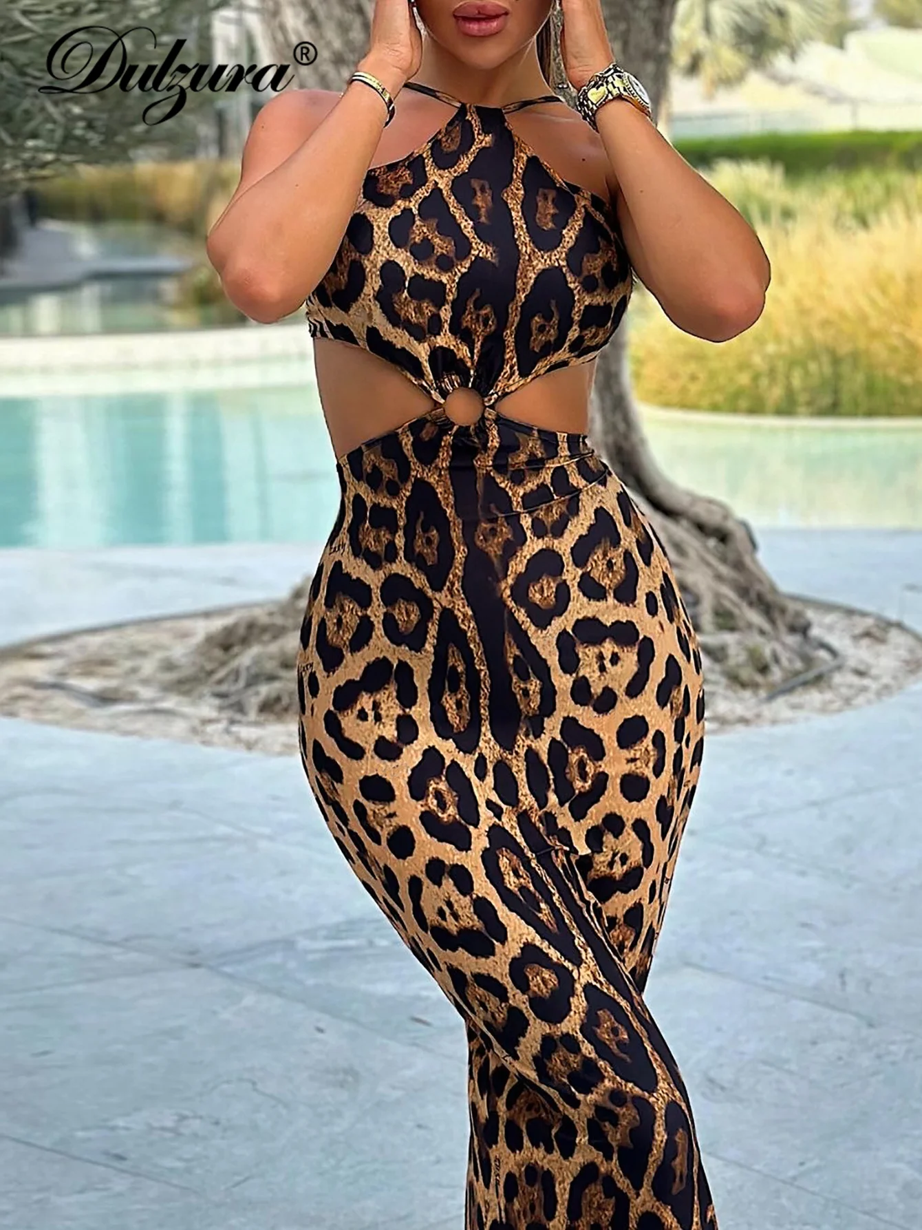 Dulzura Halter Leopard Printed Midi Dress Cut Out Backless Sleeveless Women Sexy Dresses Lady Party Club Beach Nightout Date Y2K