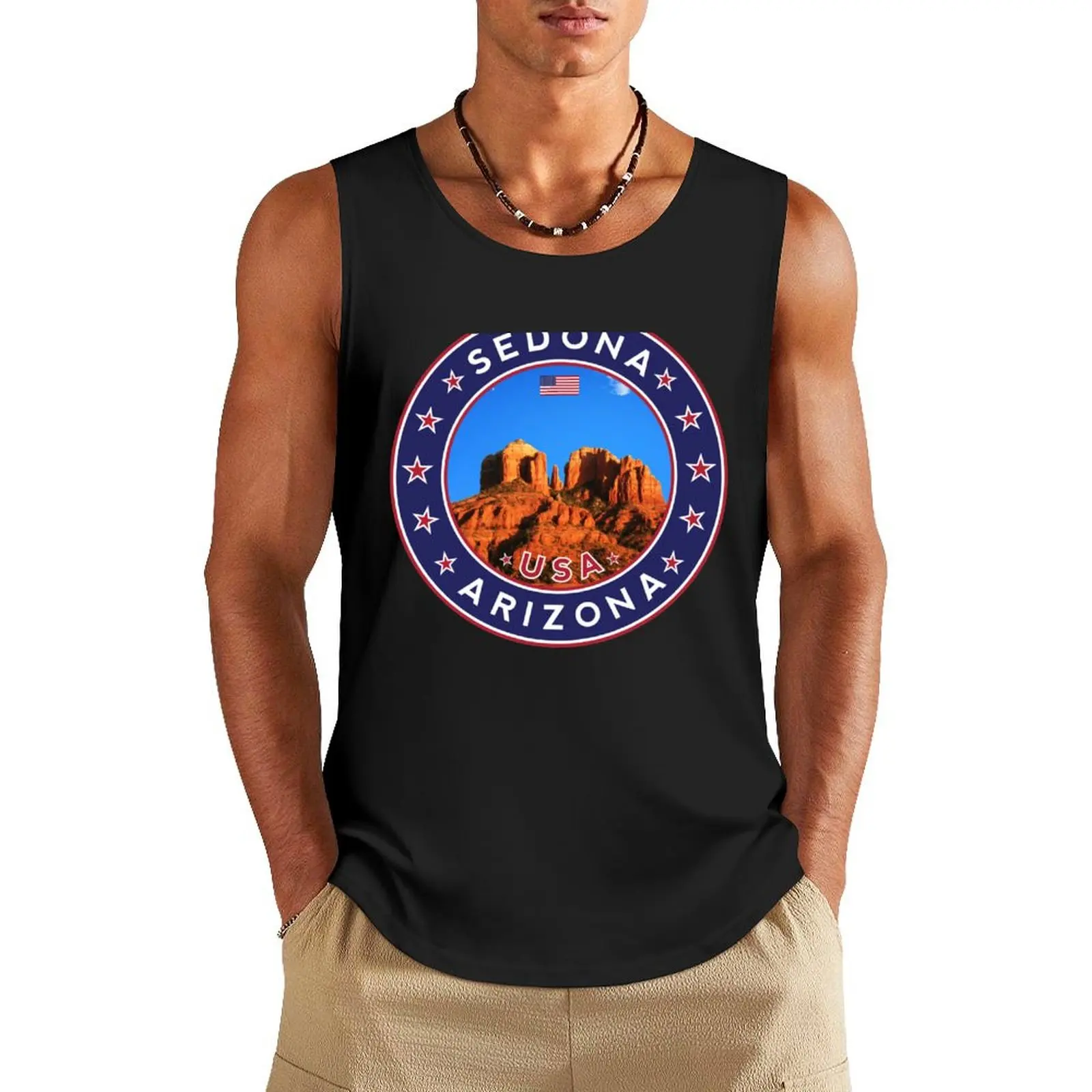 Sedona, Arizona, Sedona Arizona, tshirt, blue bg Tank Top Muscle fit sleeveless tshirts for men summer Men's tops