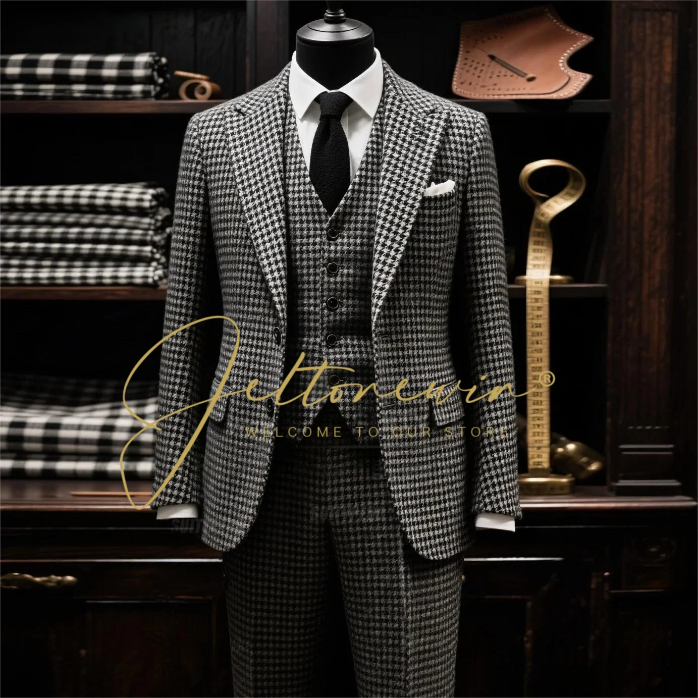 

Elegant Houndstooth Men's Suit Set Fashion Peaked Lapel 3 Pieces Blazer Vest Pant Suit Attire Formal Evening Party Texudos