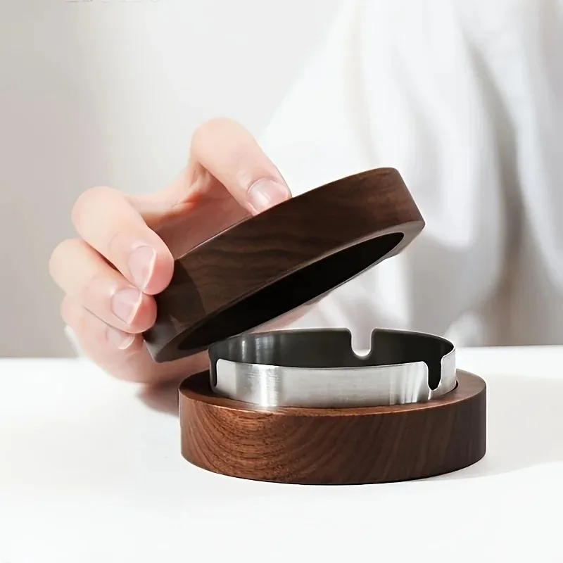 

Elegant Round Wooden Ashtray with Lid - Anti-Fly Design, Stainless Steel Interior, Perfect for Home & Office Decor