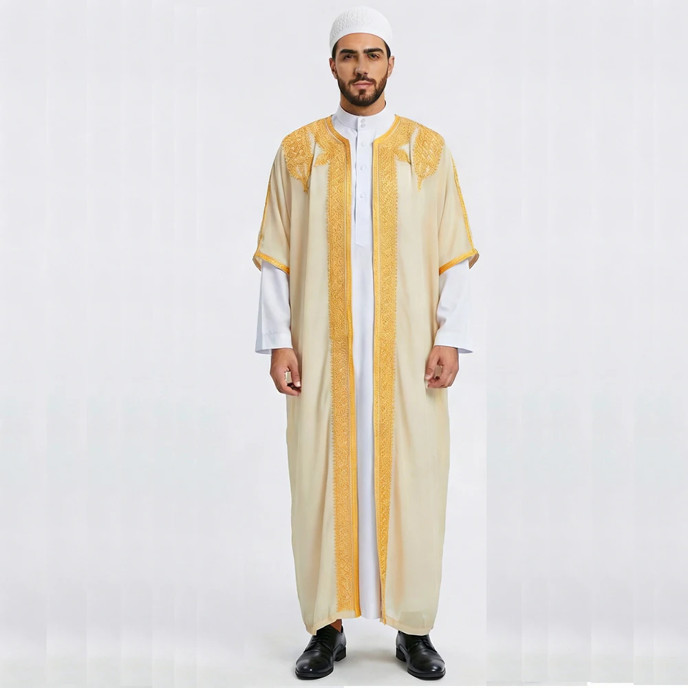 

Saudi Muslim Men Jubba Thobe Ramadan Abaya Kimono Dress With Hat Dubai Islam Clothing Prayer Caftan Djellaba Dishdasha Arab Robe