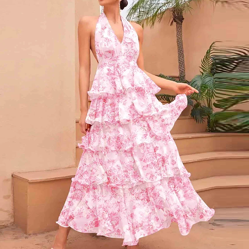 女性のセクシーな背中の開いた中空アウトロングドレスファッションフラワープリントボヘミアンパーティードレスエレガントな V ネックホルターレイヤー休暇ドレス