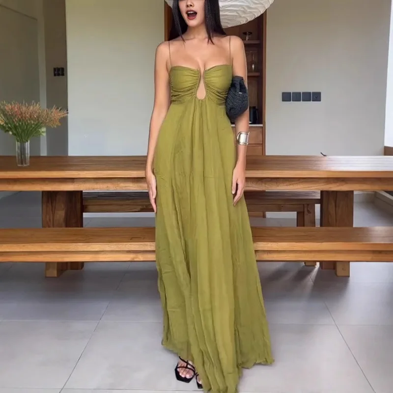 

Women Sexy Halter Beach Maxi Dress Backless V Neck Slit Ruched Long Dress Summer Cutout Straps Formal Party Cocktail Dress