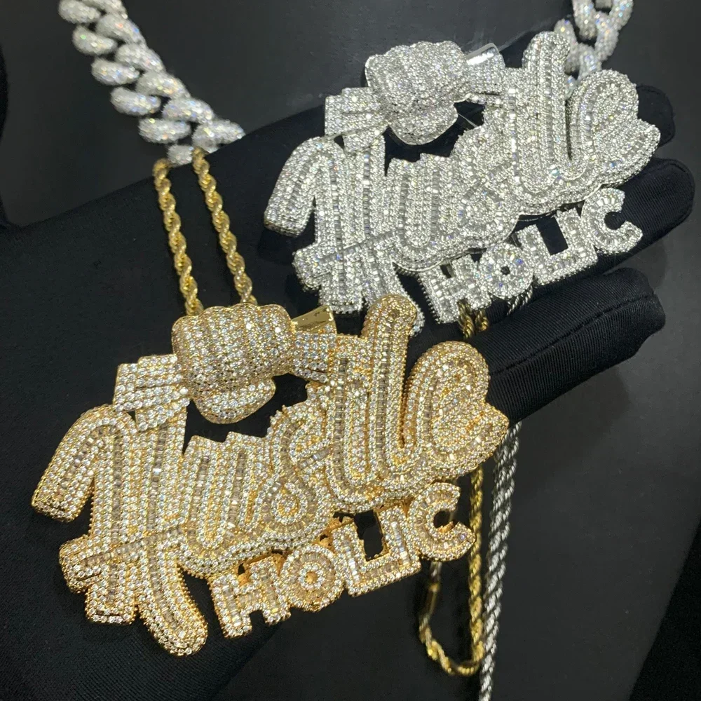 High Quality Full Paved Cubic Zirconia Cz Hiphop Men Jewelry Iced Out Letter Punk Hand Catch Money Hustle Holic Pendant Necklace