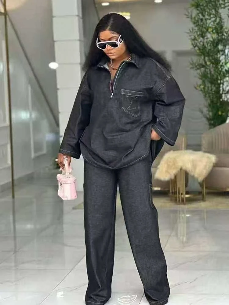 

Autumn Winter Sets for Women 2 Elegant Pieces Cotton and Denim Polo Collar Top Long Sleeve Pant Sets Wholesale Dropshipping