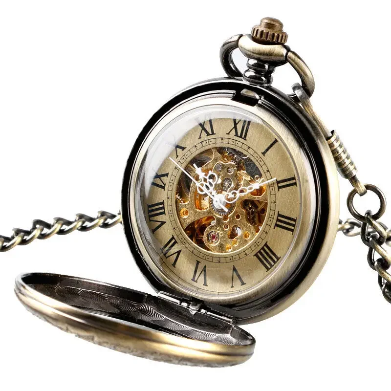 New Arrival Vintage Style Mechanical Automatic Hand Wind Pocket Watch w/Chain Transparent Skeleton Relogio De Bolso