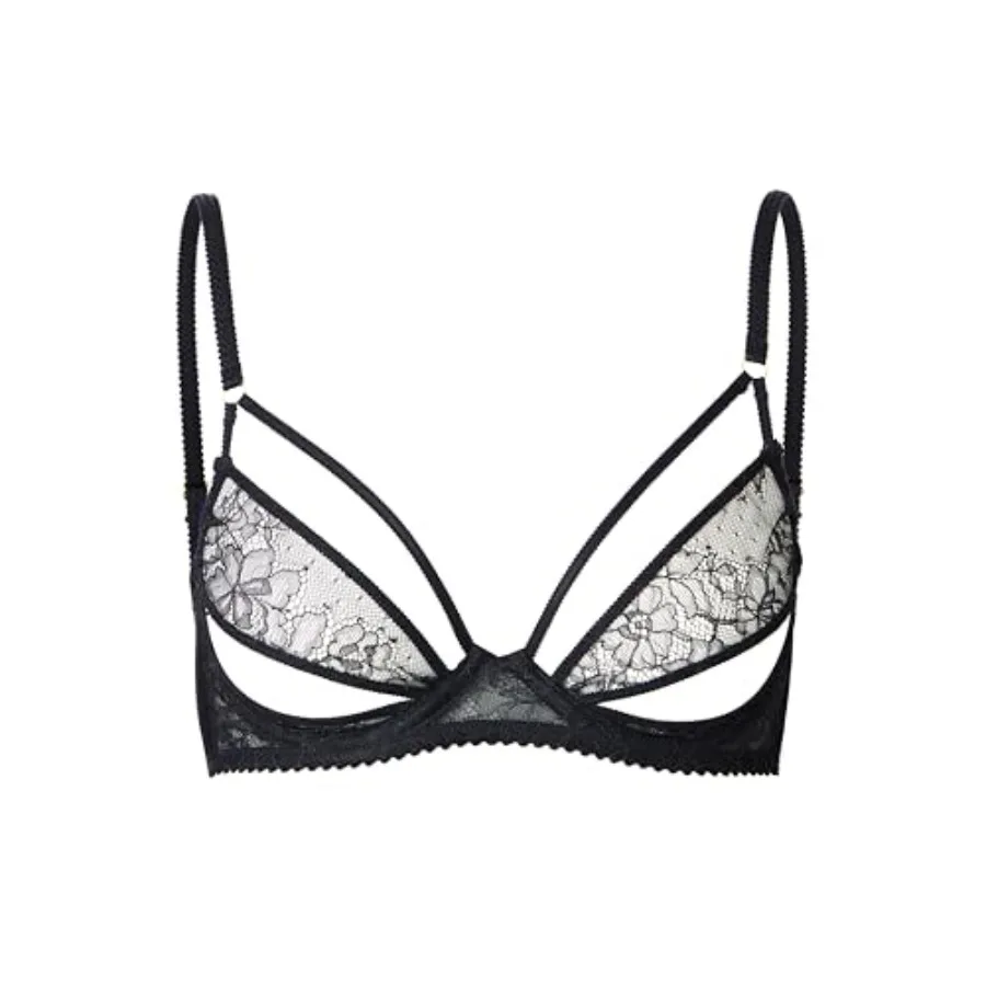 

Faye Women's Sexy Lace Bra, Balconette Sheer Unlined Demi Bras with Underwire and Adjustable Straps, Black