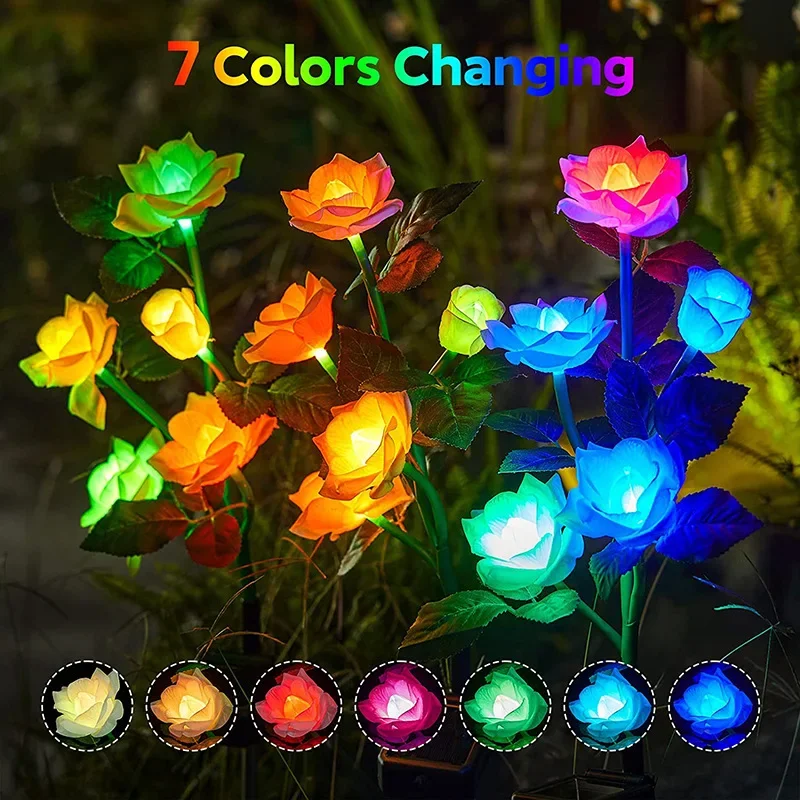 Solar Powered Decorative Rose Garden Stake Lights, Artificial Flowers for Outdoor Patio Yard Pathway Memorial Cemetery Grave