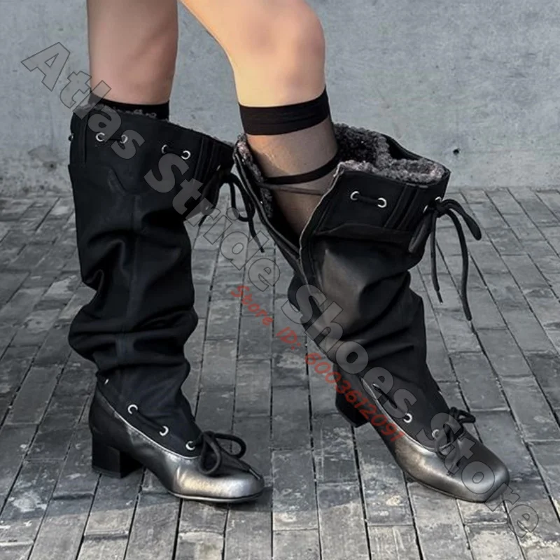 Botas altas beige holgadas con punta cuadrada, tacón medio, ribete superior afelpado, caña con cordones múltiples, estilo retro, para otoño, informales, para mujer