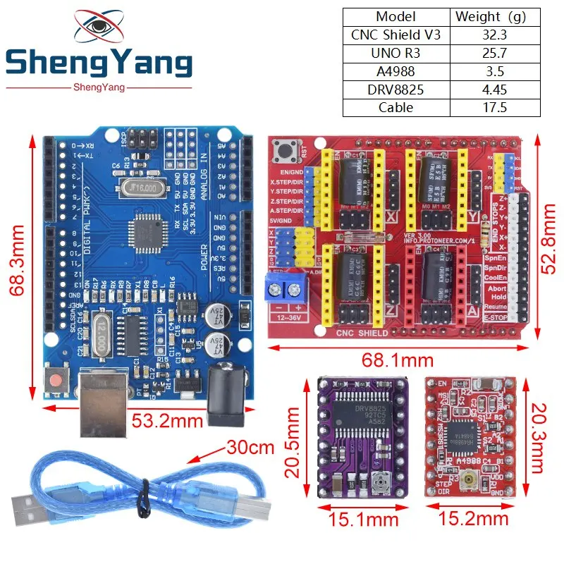 Imagem -02 - Tzt Cnc Escudo para Máquina de Gravura Driver Placa de Expansão Cabo Usb Impressora 3d Arduino Mais Uno r3 Drv8825 A4988 Pcs