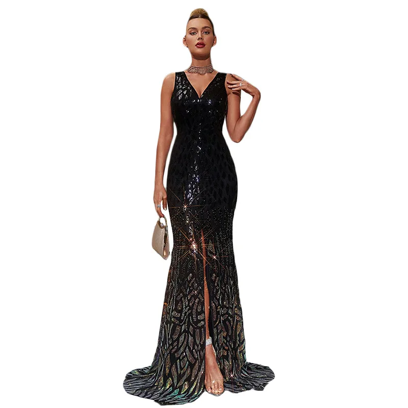 Sexy Black Sequins Deep V Elegant Dress Dress Upscale Temperament Classic Luxury Women's Clothing