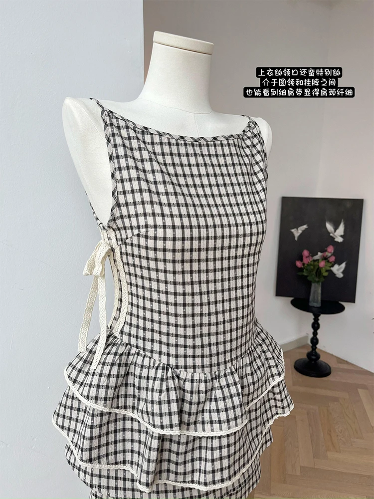 Summer Women Korean Fashion Cute Core Mori Girl Suit Birthday Vacation Plaid Outfits 2 Piece Set Vintage Camisole + Gyaru Shorts