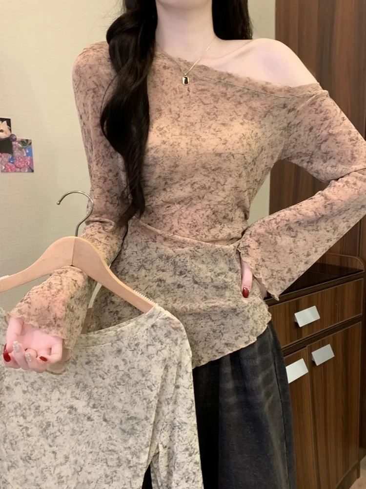 スイート スレ ロング スヴェ タイダイ スリムフィット ショルダーTシャツ レディース ソフトで美しい 薄手 ショルダートップ 初秋向け