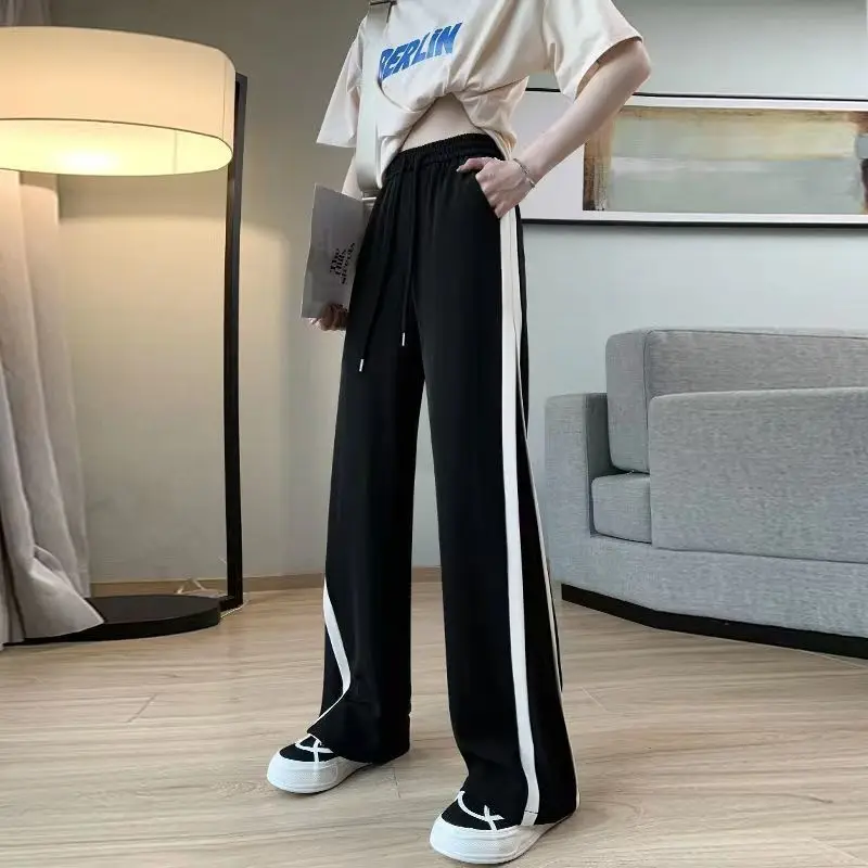 

Spring Summer High Street Fashion Side Stripe White Bright Line Love Pattern Embroidery Women Wide Leg Pants Elastic Waist Thin