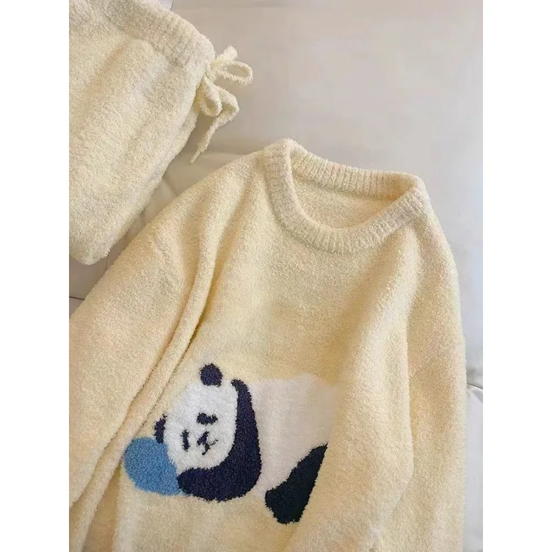 New Cute Panda Half Velvet Pajamas Women\'s Fall and Winter Thickened Thickened Warm Pajamas Ladies Coral Velvet Homewear Suit