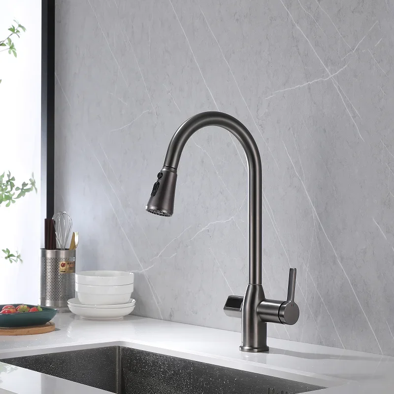 Kitchen Faucets Grey Brass Smart Digital Temp Show Sensor Pull Out Spout Mixers Tap Hot Cold Water Crane Single Lever Decked