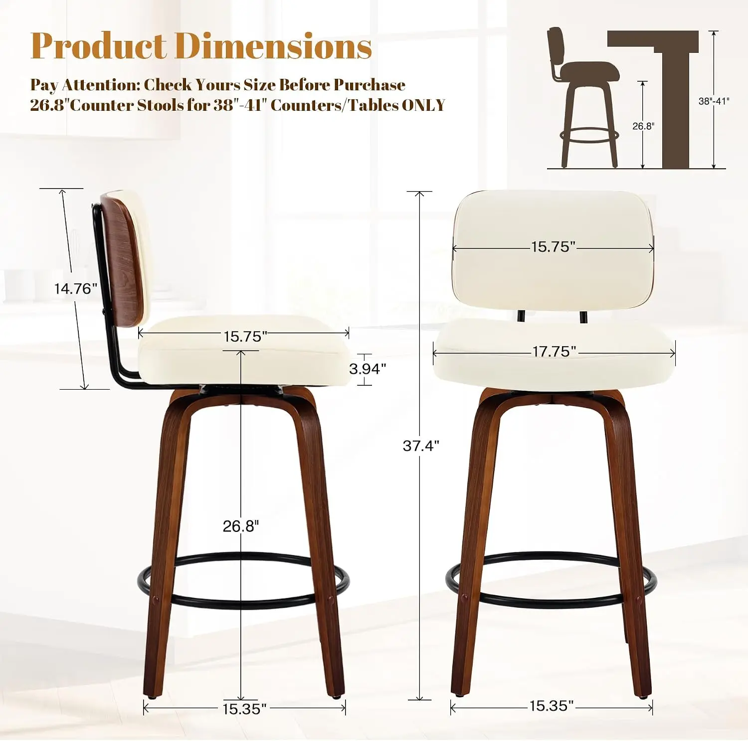 Counter Height Bar Stools Set of 3, 26+inch Swivel Faux Leather Barstool with Back, Upholstered Mid-Century Modern Bar Chairs wi