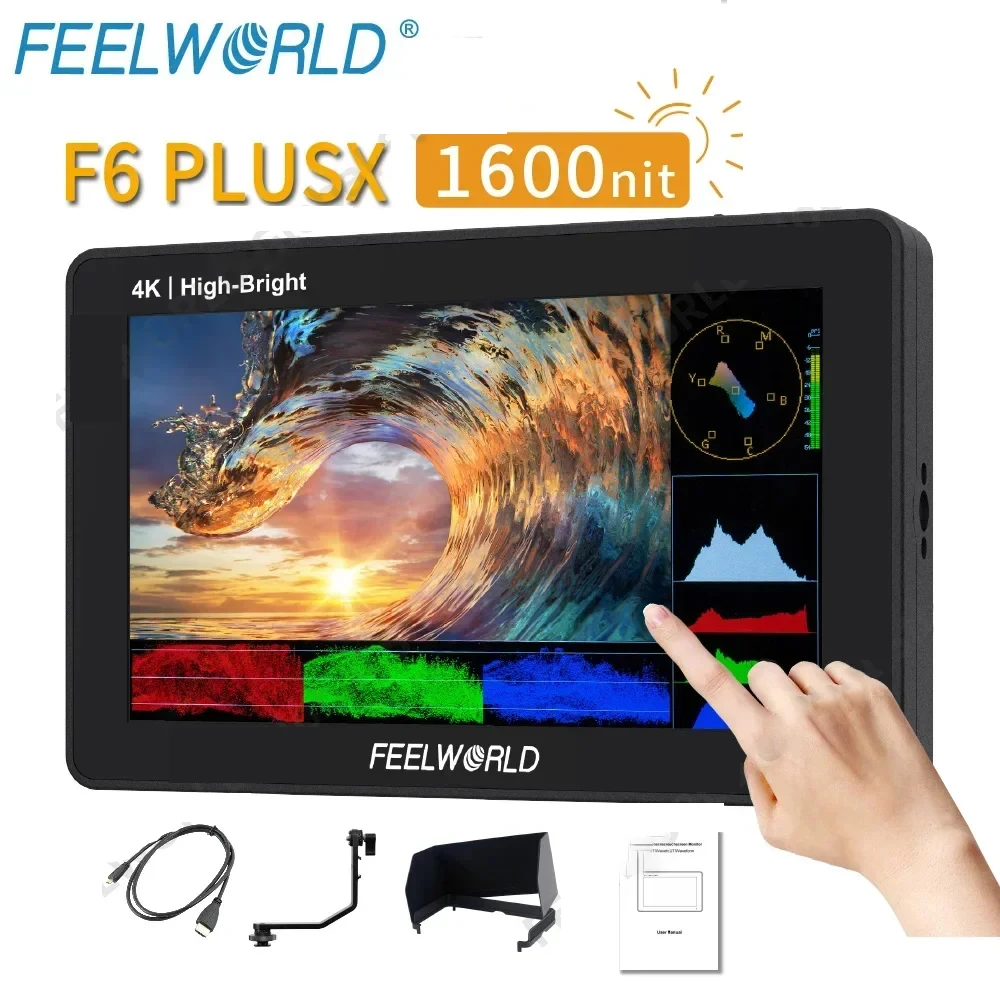 

Feelworld F6 PLUSX 5.5 Inch 1600nit Touch Screen Camera Field Monitor HDMI In Out 3D LUT IPS Full HD 1920X1080 for DSLR Camera