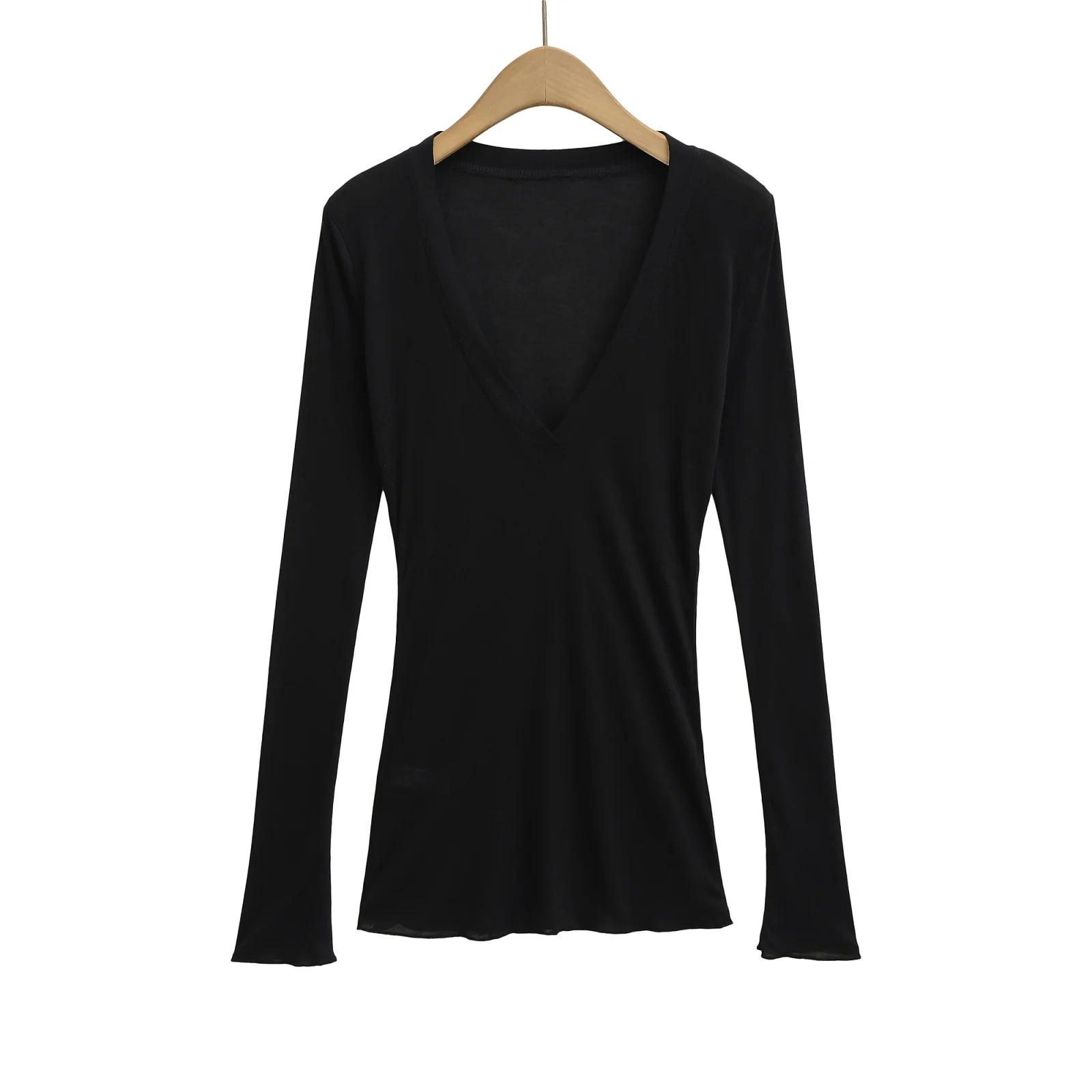 セクシーな深いVネックのロング丈Tシャツ、レディースインナーウェア、スリムフィット、ストリートスタイル、ピュアカラー、秋冬ファッショントップ