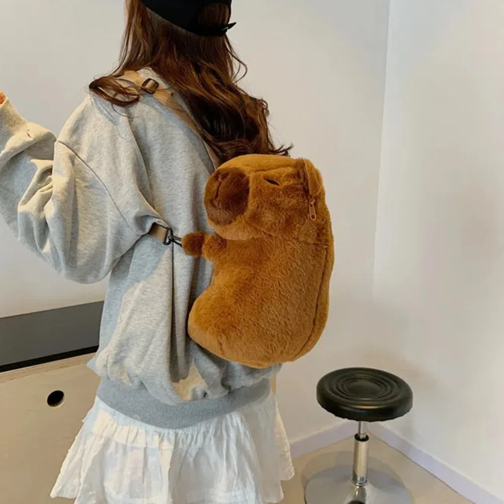 Soft Cartoon Capybara Backpack Strawberry Pear Capybara Crossbody Bag Red Headscarf Korean Style Plush Animal Daypack Outgoing