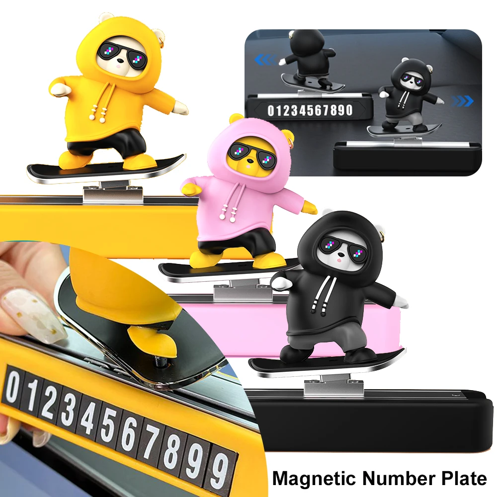 Magnetic Number Plate Universal Sliding Skateboard Bear Car Ornaments Silicone Cute Cartoon Doll Auto Interior Decoration