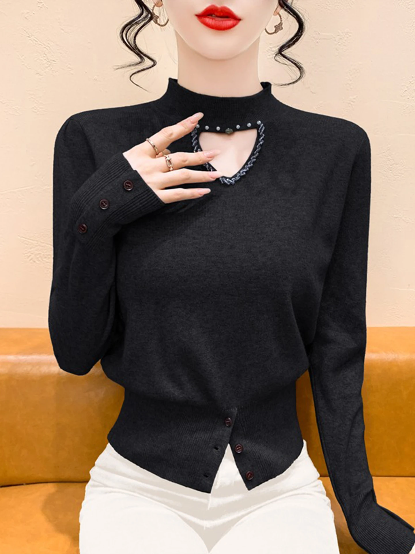 Ele Hollow out Long Sve Knitted Sweater Women's Slim Fit High Collar Heavy Embroidery Autumn Winter New Sle Base irt