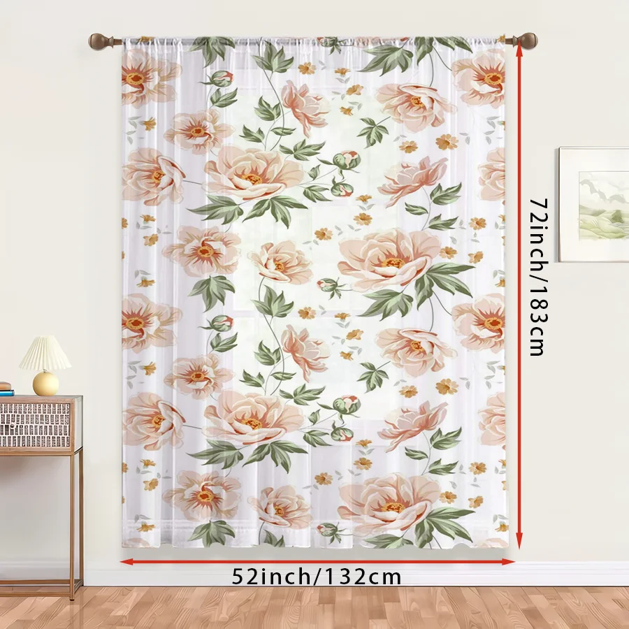 1PC Sheer Curtain Pink Peony Vintage Floral Repeat Print, Rod Pocket Window Curtain for Living Room Elegant Decor