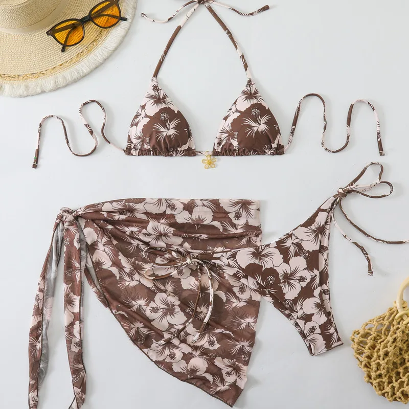

Сексуальные бикини с цветочным принтом, женские купальники, женские купальники из трех предметов, пляжная одежда для купания, купальные костюмы, бразильский комплект бикини, купальщица в бассейне