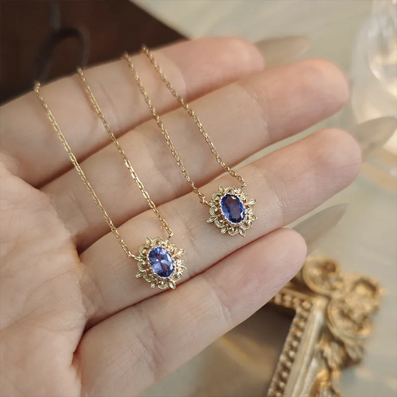 LAMOON Hollowed Lace Natrual Tanzanite Pendant Necklace For Women Vintage Aesthetic 925 Sterling Silver Gold Plated Fine Jewelry