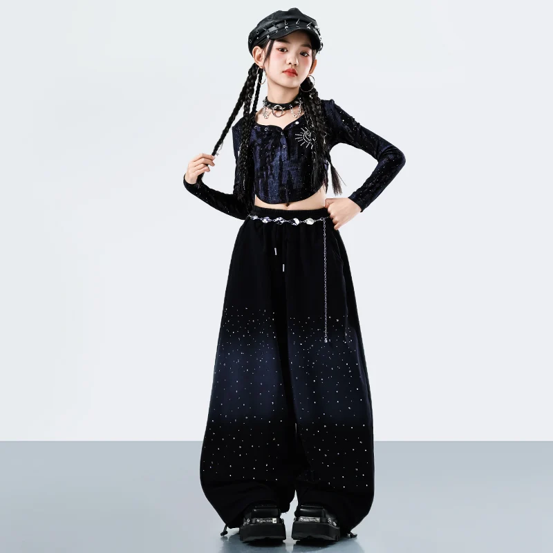 Moda dziecięca streetwear hiphop taniec rap ubrania dziewczęce hip hop koszulka z długim rękawem spodnie zestaw strój na występy sceniczne dla dzieci