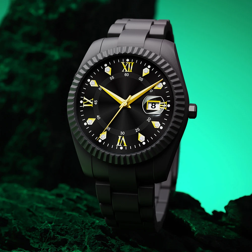 Men's Watch 3ATM Waterproof Plastic Shell Green Plate Gold Hand Diamond Set Date Quartz Watch Top Luxury Men's Quartz Watch