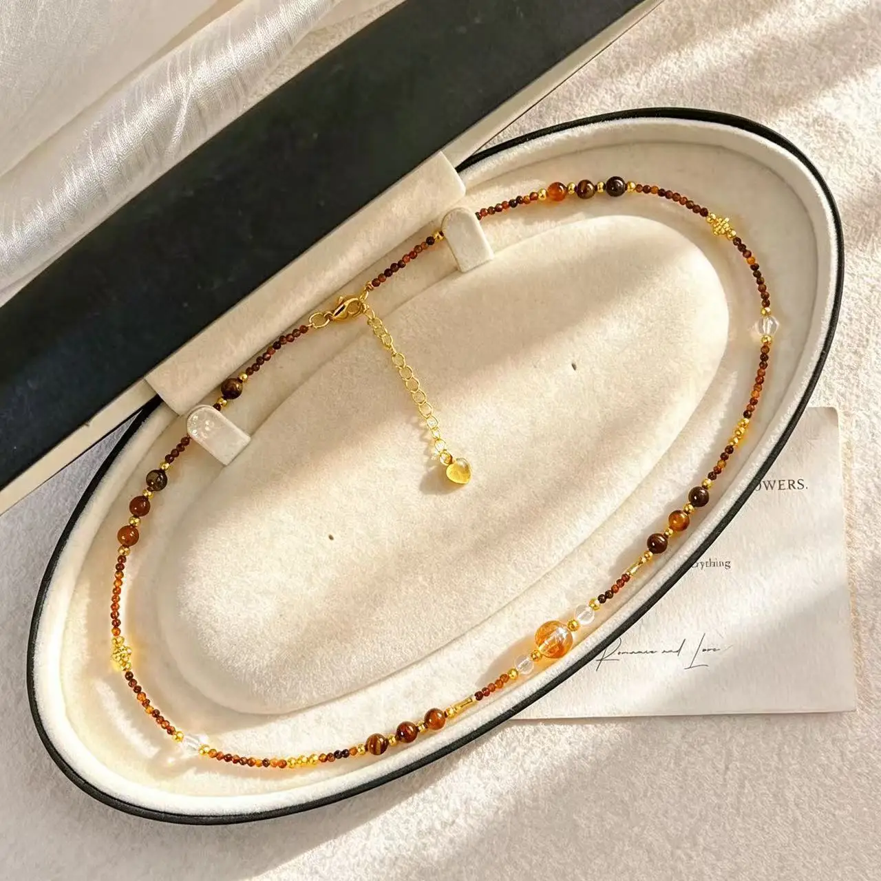 Fall Winter High-Quality Natural Tiger Eye and Citrine Designer Choker Sweater Necklace for Women