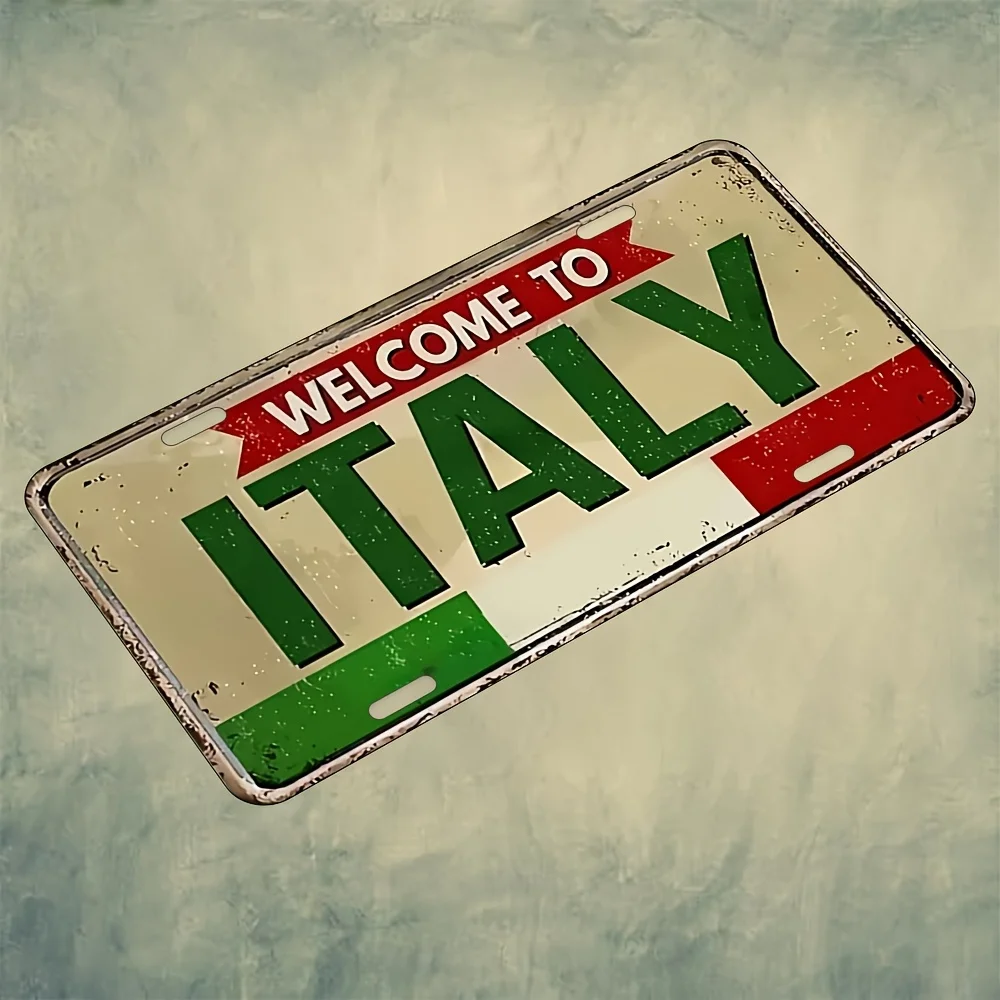 Welcome to Italy Flag Colors 2D Flat Printing License Plate Style Metal Tin Sign, Italian Travel Themed Decorative Aluminum Sign