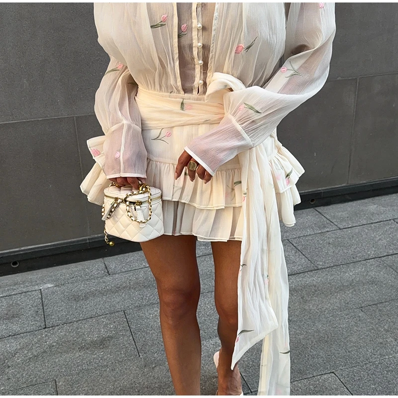 2026 Spring Summer Floral Embroidered Chiffon Wrap Tie Waist Ruffle Mini Dress Sheer V-Neck Romantic Feminine Women Date Vestido