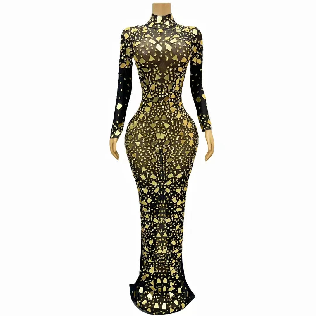 Sparkly Gold Rhinestones Mirrors Mesh Long Sleeves Costume See Through Dress Sexy Women Crystal Long Dress Luxury Gown For Party