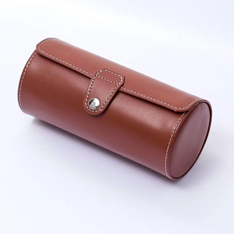 WellZone Black/Brown Color 3 Position Cylindric PU Leather Watch Protection Case Portable Watch Storage Box