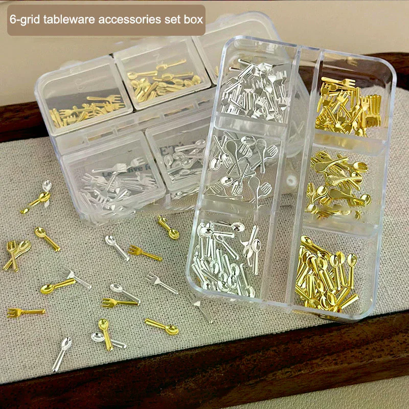 6グリッド/ボックス入りミックスゴールドシルバーミニフォークスプーン食器合金ネイルアートラインストーンデコレーションマニキュアキュアチャームアクセサリー