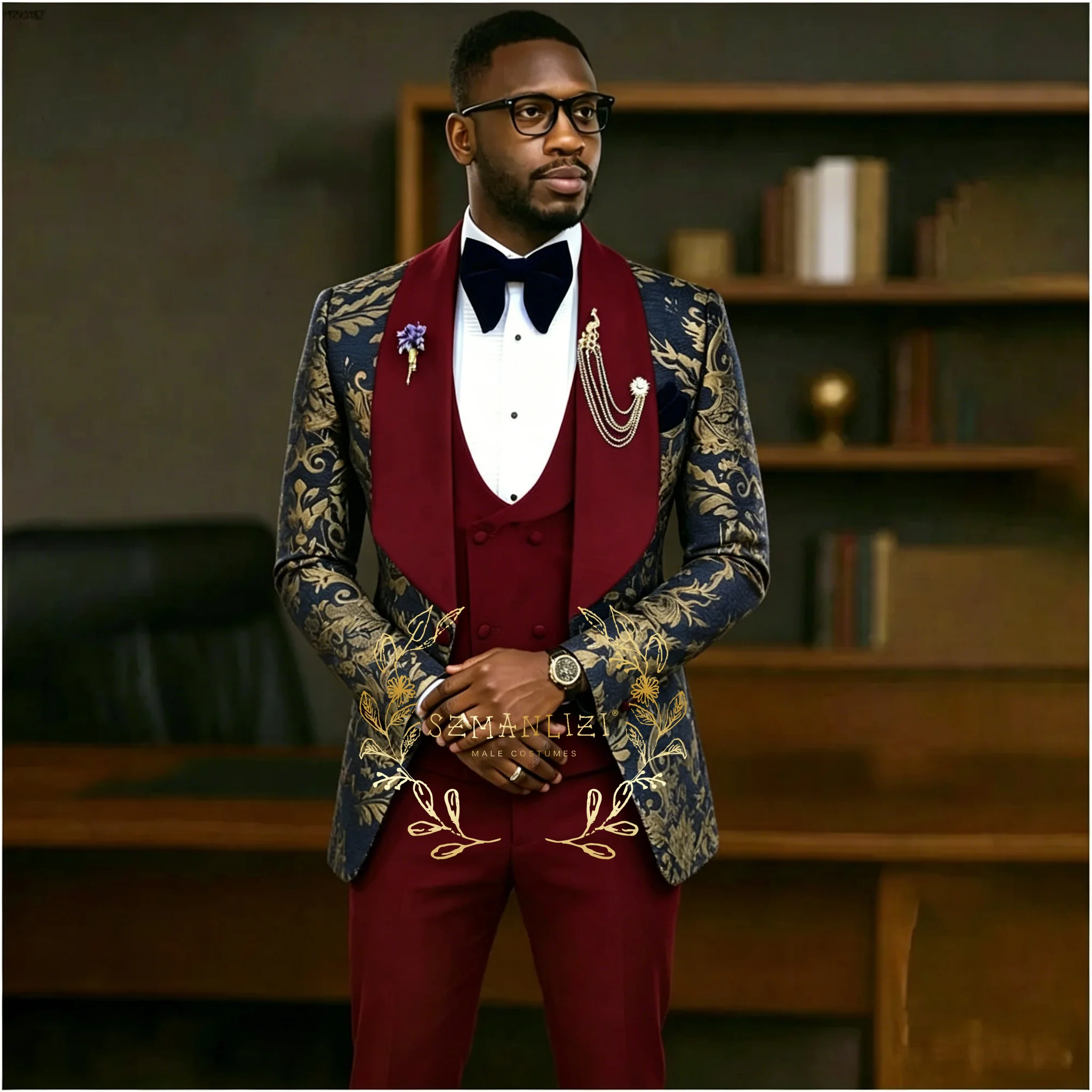 

Formal Jacket Vest Pants Navy Blue Floral Wedding Suits for Men Slim Fit Shawl Lapel Blazer Best Man Groom Suit Male Tuxedo Set