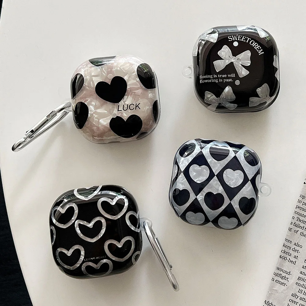 INS Black Glossy Bow Love Heart Shell Case For Samsung Galaxy Buds Live Buds 2 Pro Luck Soft Silicone Shockproof Earphone Cases