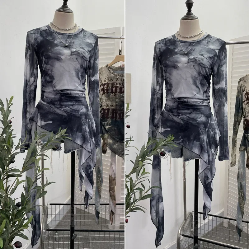 Women Chic Long Sleeve Bottoming Mesh Shirt Sfumato Printed Irregular Ruffled Ribbon Pleated Top Party Essential Streetwear 9998