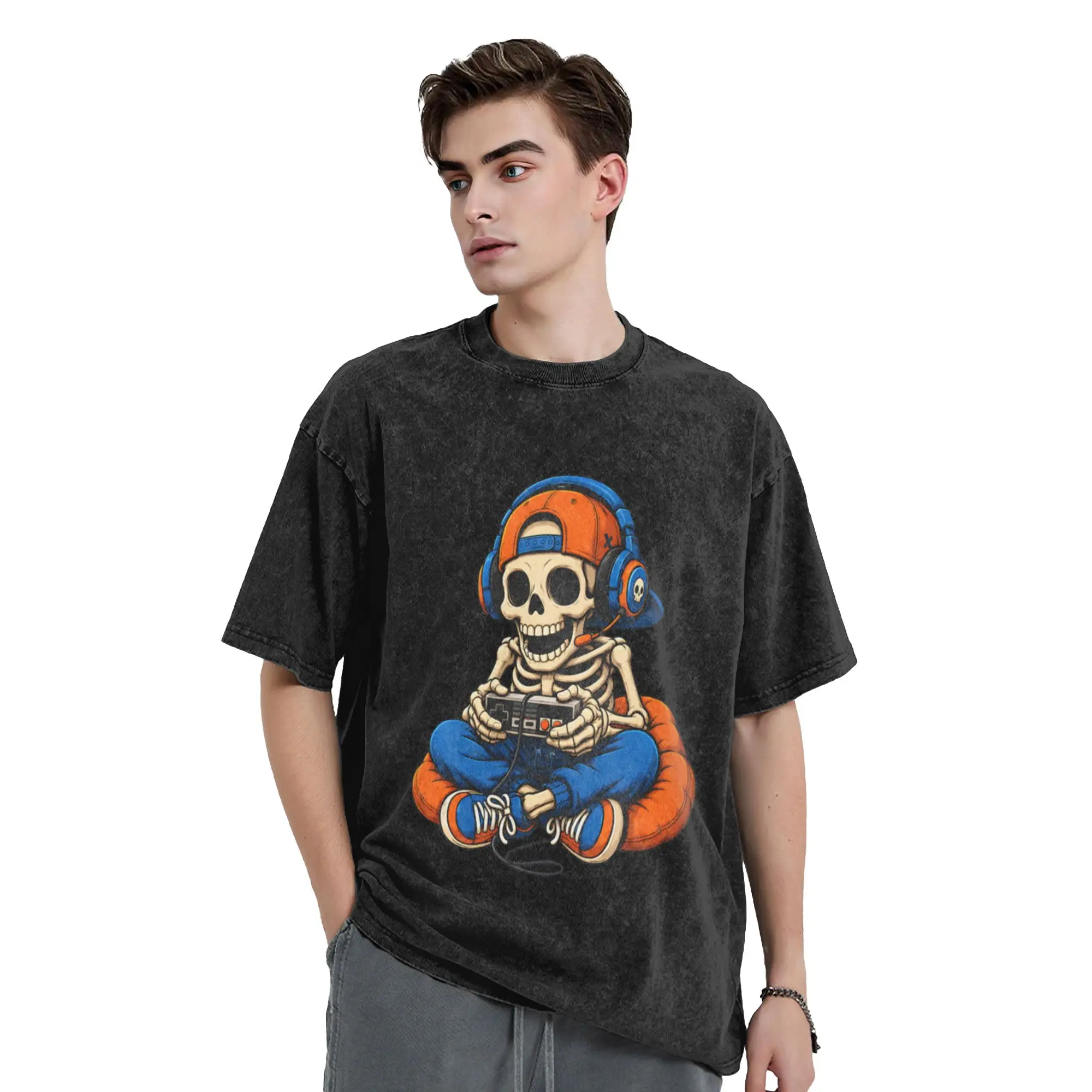 Skeleton Gamer Headphones Controller Art Unique Trendy A Washed T Shirt Men's Women's Oversized Cotton Tees Tops